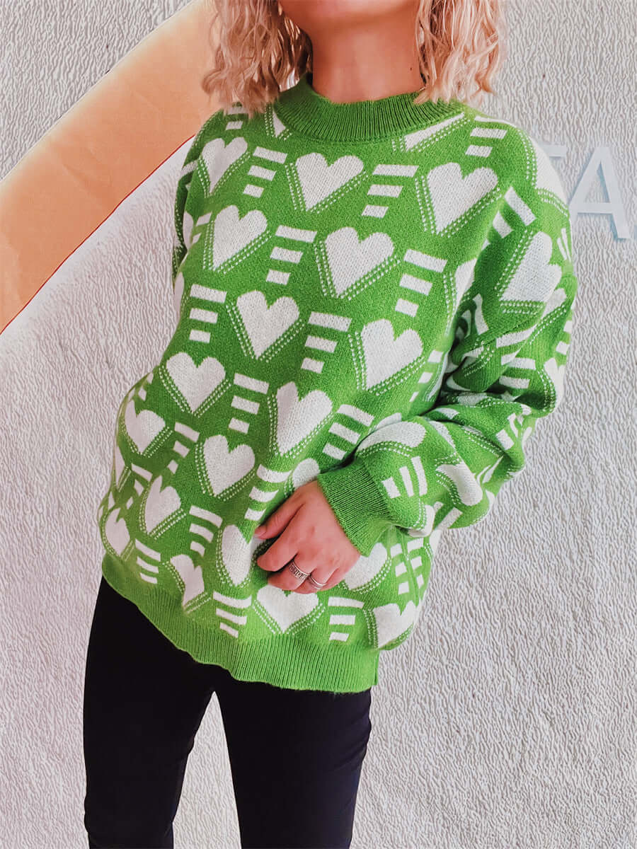 Heart Contrast Long Sleeve Dropped Shoulder Sweater