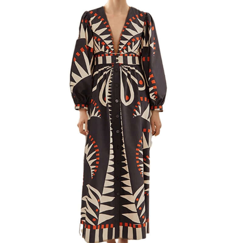 Autumn long dress with classical style print and fashionable temperament, V-neck lantern sleeve dress