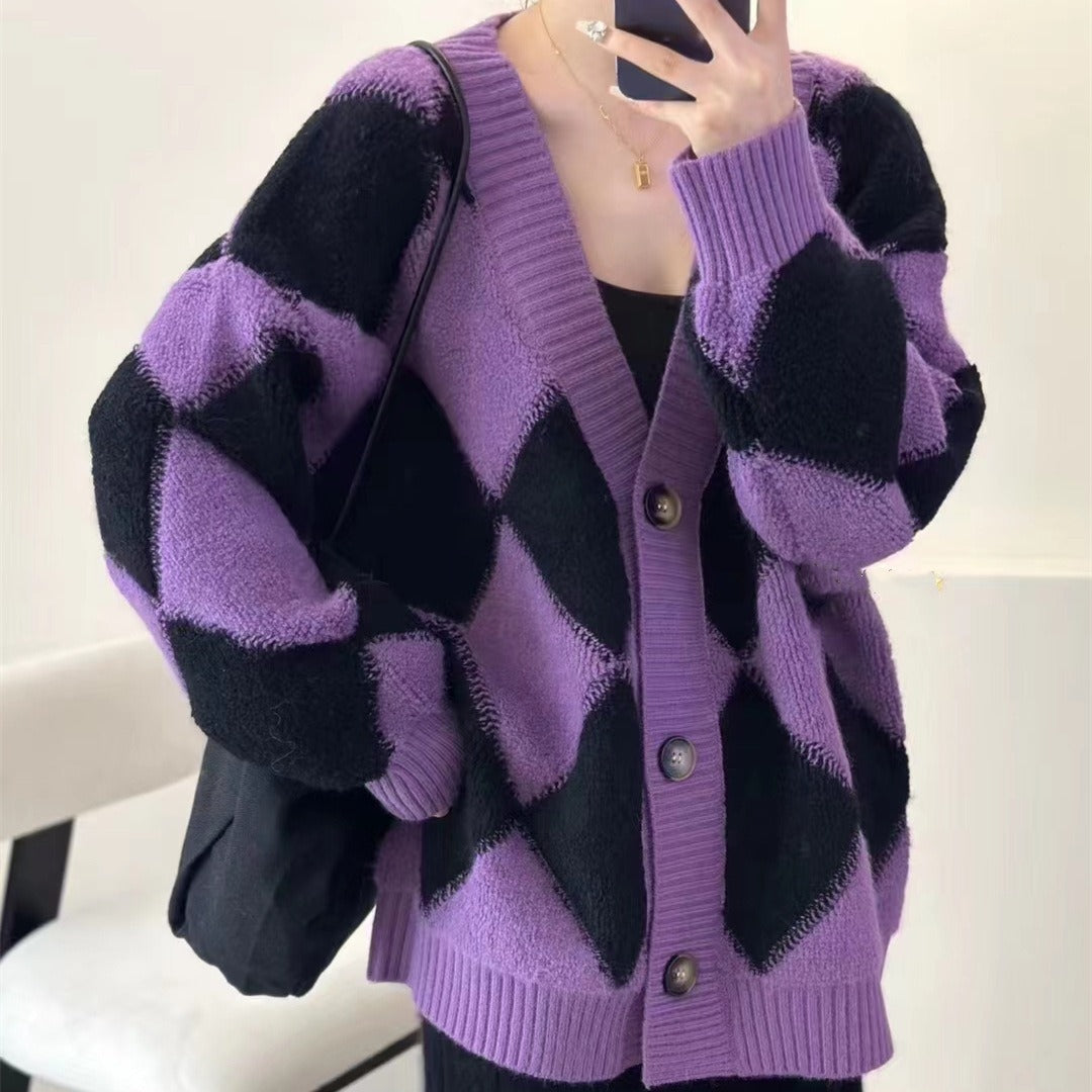 Otoño e invierno coreano contraste color cardigan suéter chaqueta para mujer