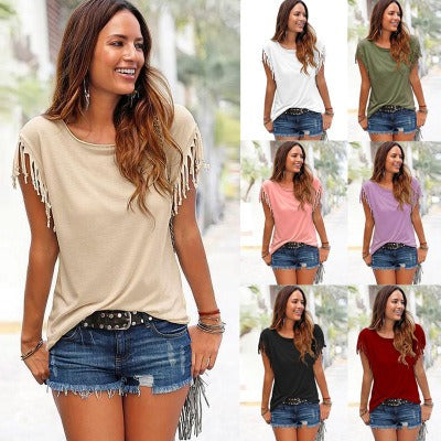 Round neck short sleeved tassel tie t-shirt top