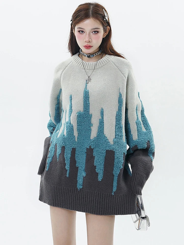 New Chic Contrast Color Sweater Fashion Women's O-neck Full Sleeve Spliced Loose Knit Pullover