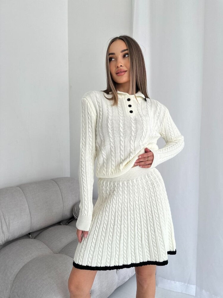 New European and American casual skirt set long sleeved knitted button sweater short skirt two-piece set for women