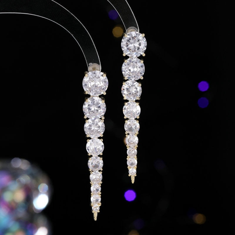 French haute couture earrings, women's long style, fashionable and light luxury style, ice cracked zircon ear