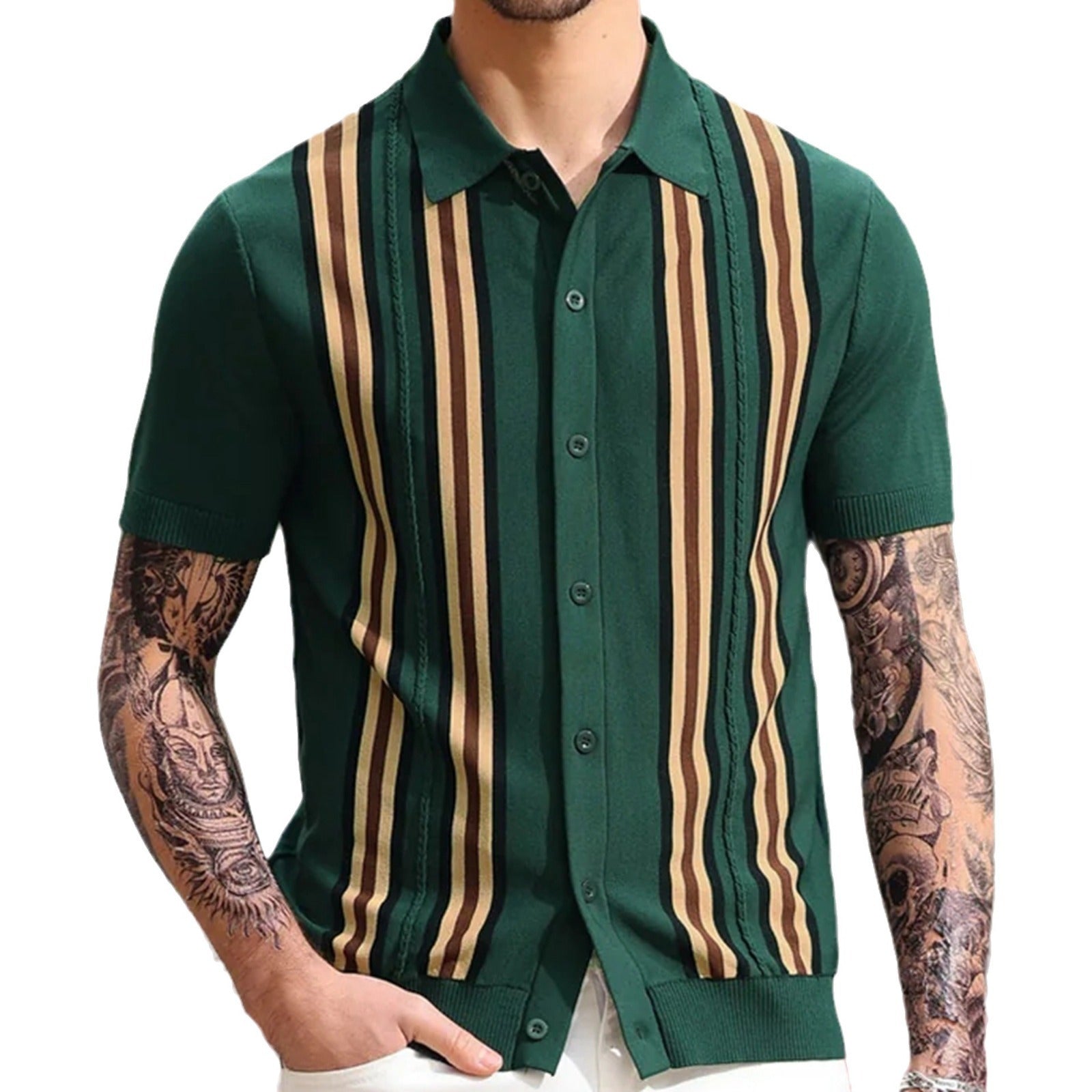 Summer green striped short sleeved slim fit business polo shirt knit sweater