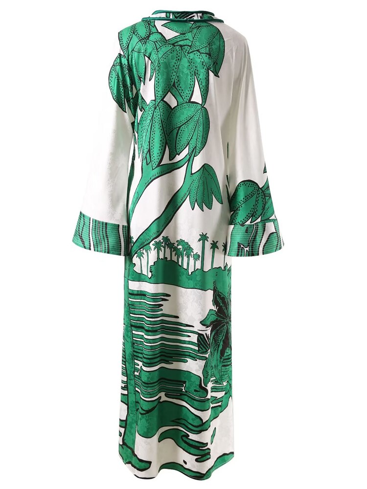 Women's Summer High Quality Designer Fashion Chic Printed Loose Bohemian Beach Green Long Dress