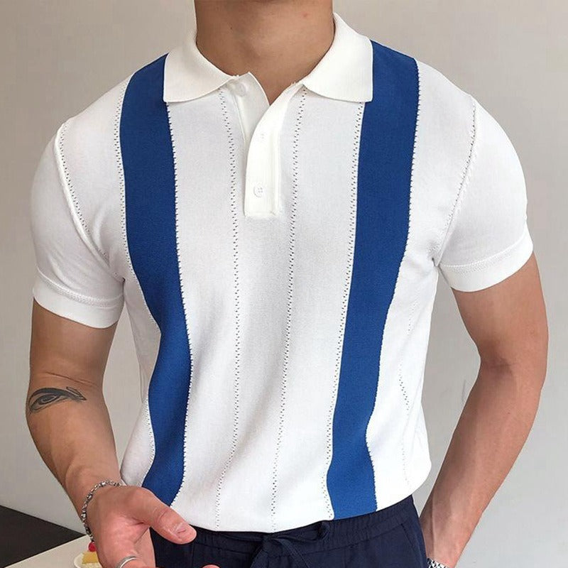 Summer short sleeved knitted sweater with white stripes slim fit business POLO shirt