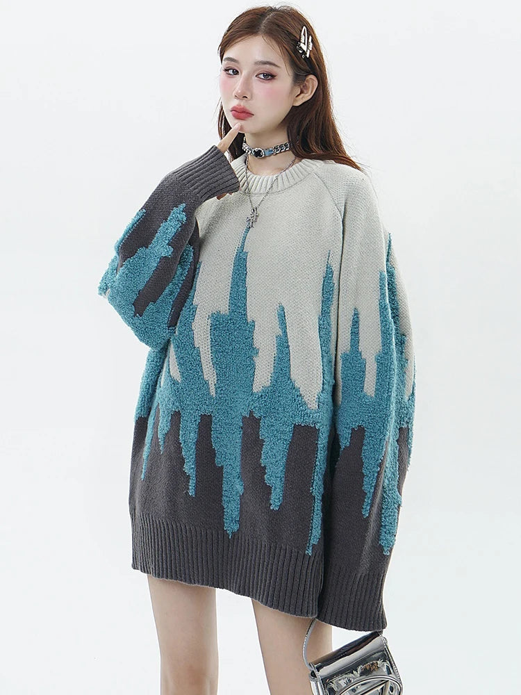 New Chic Contrast Color Sweater Fashion Women's O-neck Full Sleeve Spliced Loose Knit Pullover