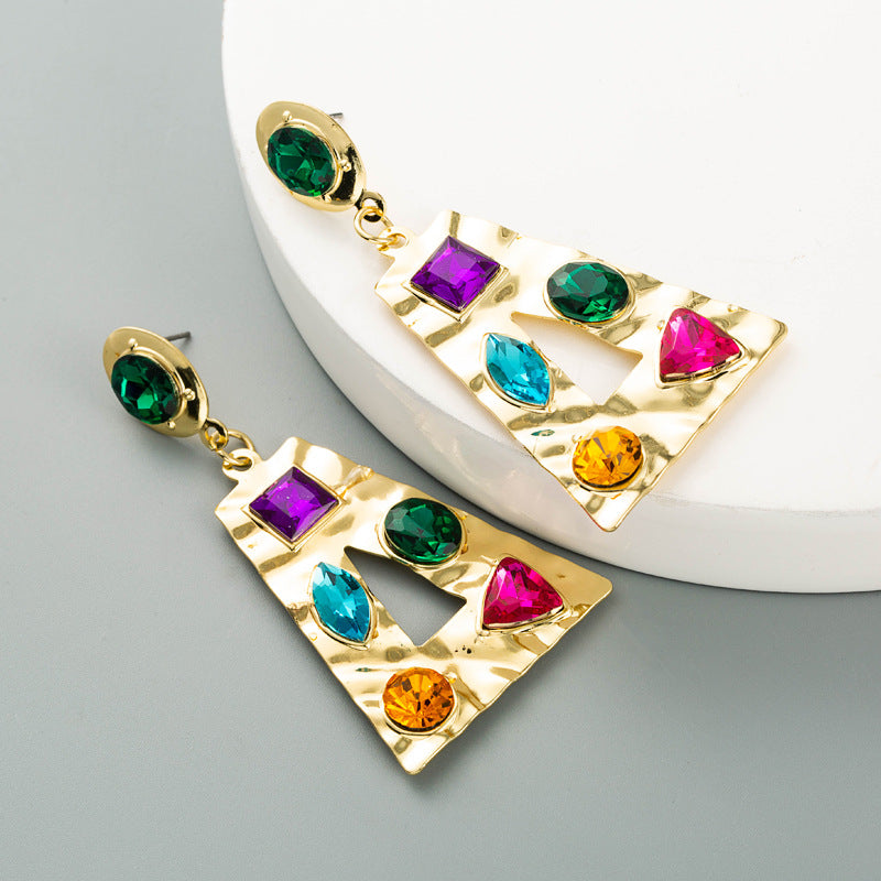 Geometric Heart Shaped Alloy Set Colorful Rhinestone Earrings Vintage Gold Drop Earrings