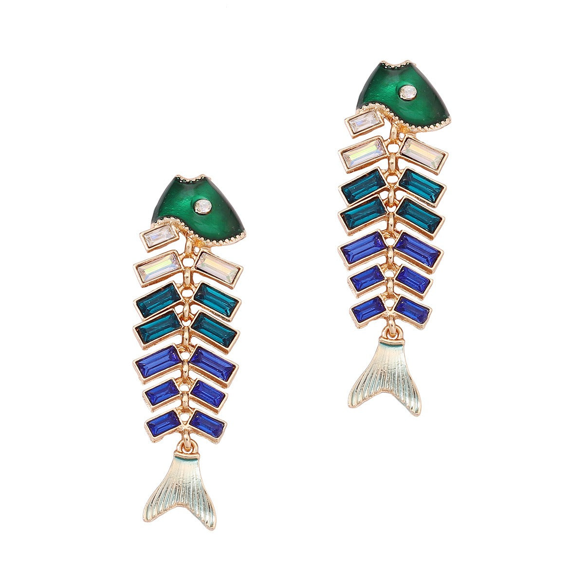 Retro fishbone earrings zinc alloy rhinestone stitching animal earrings for women