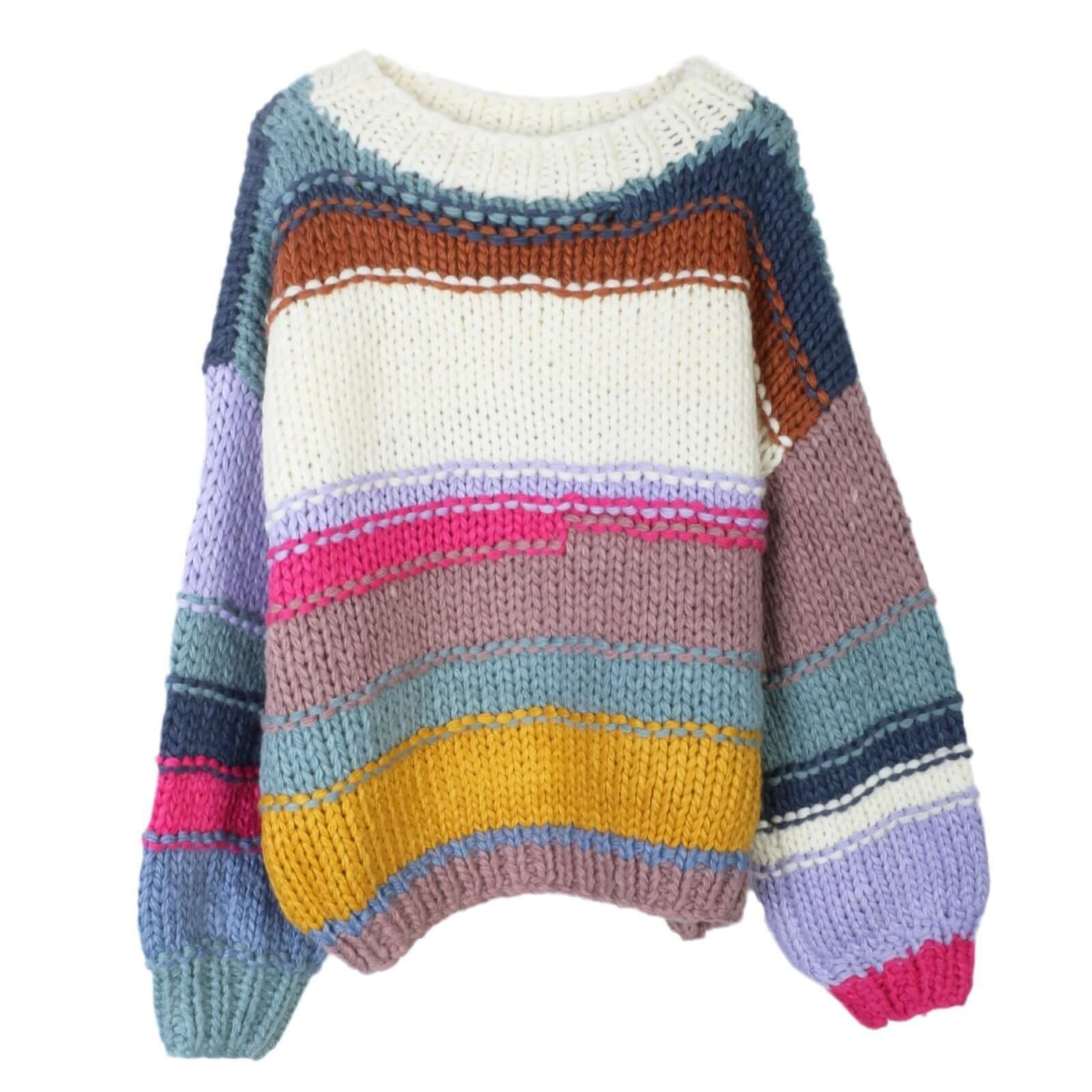 Fashionable lazy style sweater knitted sweater striped contrasting loose stick needle punched three-dimensional flower long slee