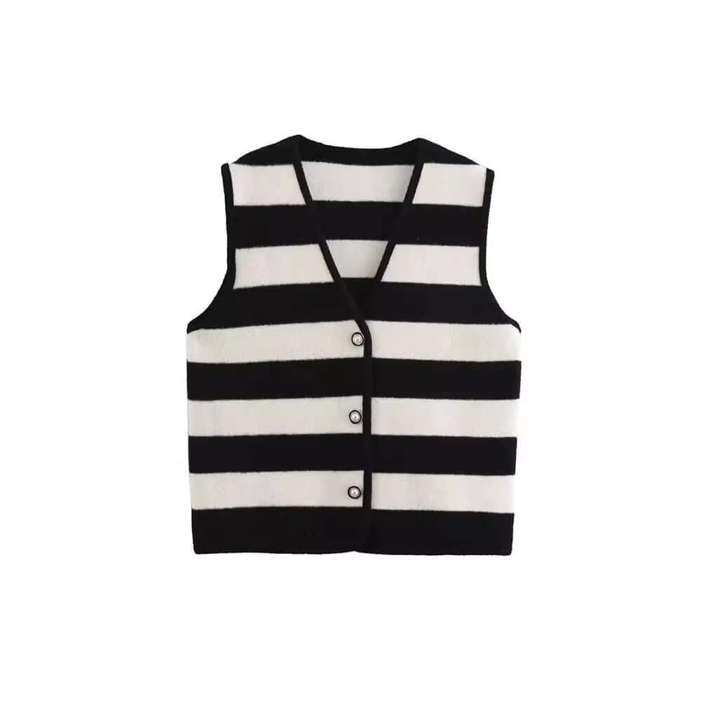 French style fashionable simple contrasting striped V-neck edging knitted vest