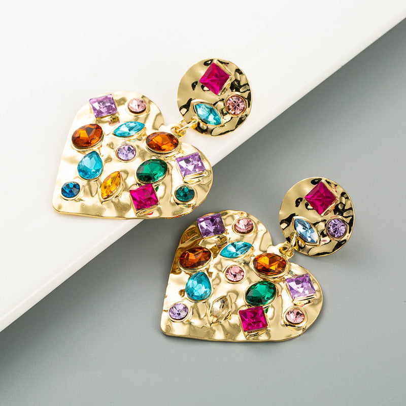 Geometric Heart Shaped Alloy Set Colorful Rhinestone Earrings Vintage Gold Drop Earrings