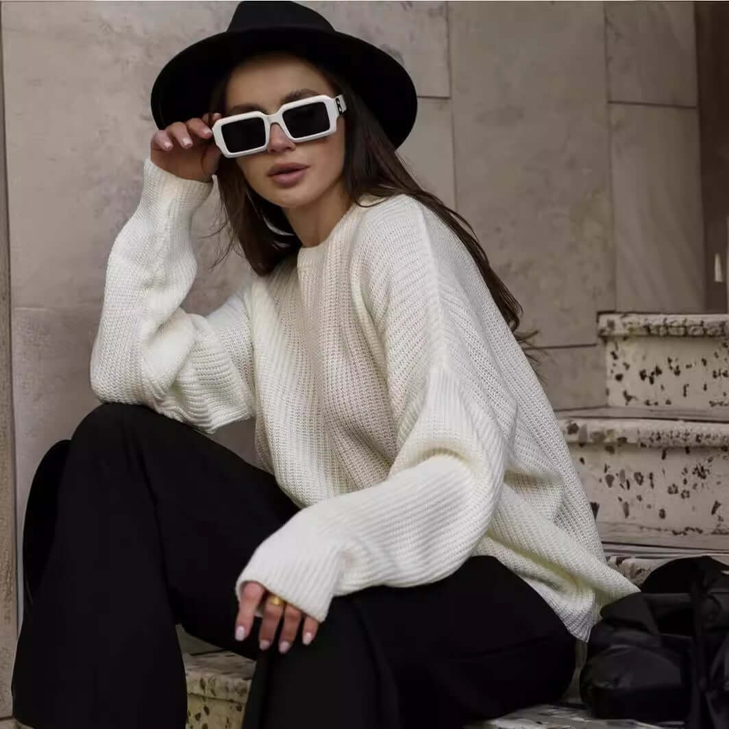 Solid color round neck sweater spring and autumn loose knit sweater