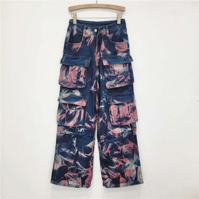 Retro street multi pocket camouflage work pants, long pants, straight leg mop jeans, wide leg pants