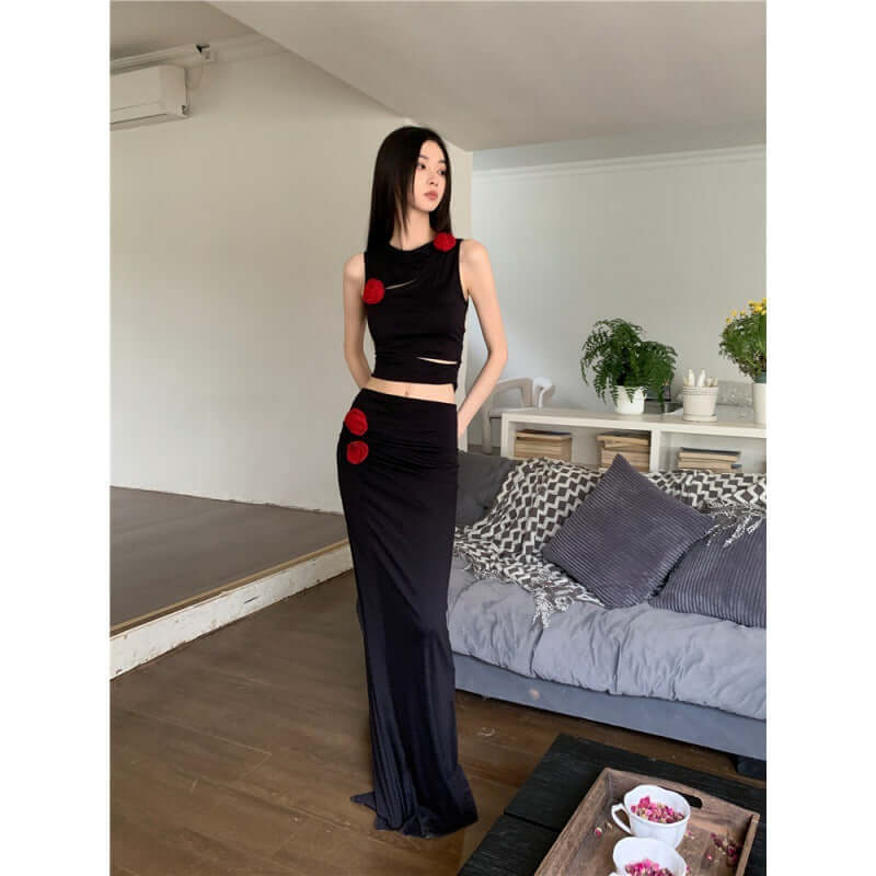 Black dress set women's irregular hollow vest+low waist long skirt two-piece set