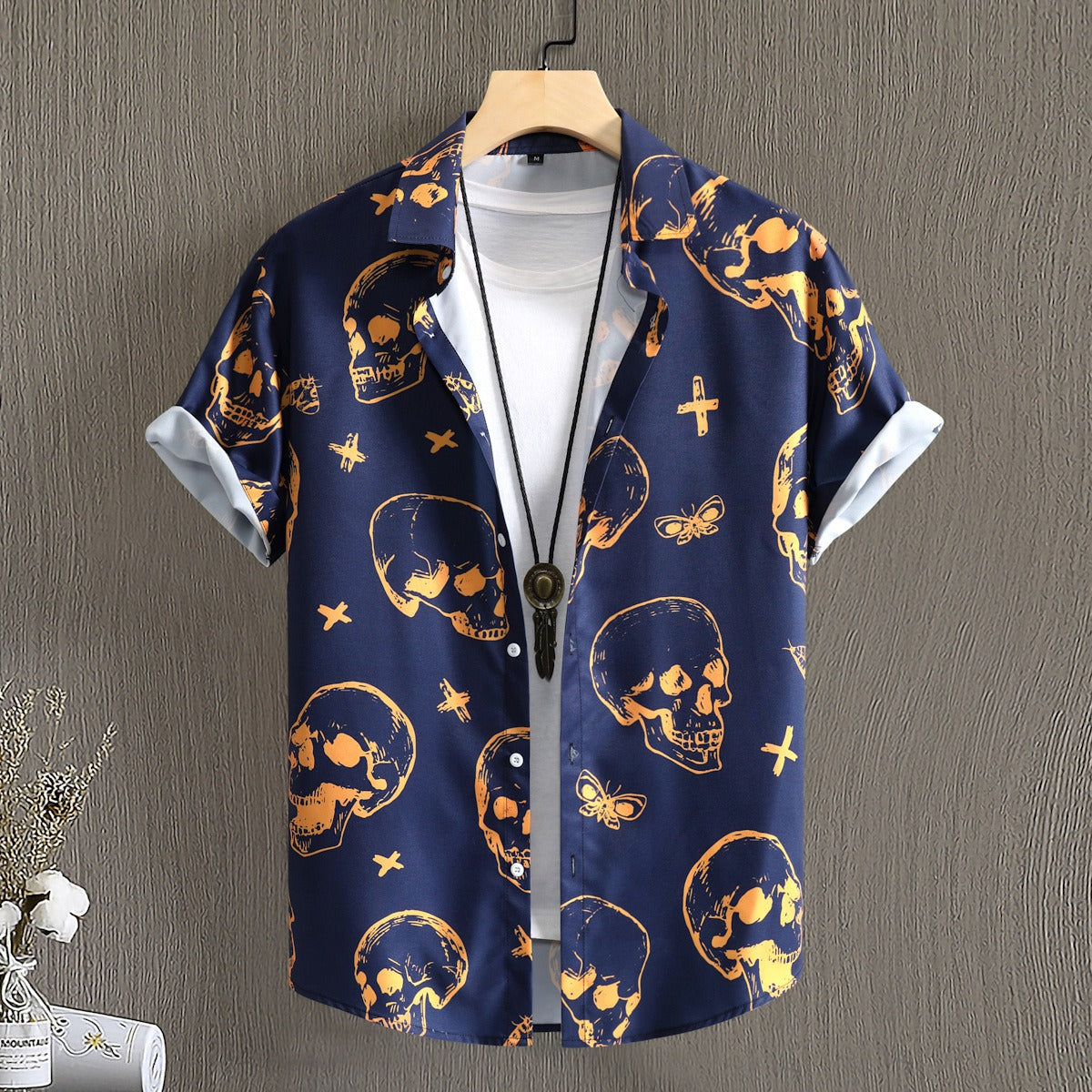 Men's shirt casual loose fit men's navy skull digital printed short sleeved shirt