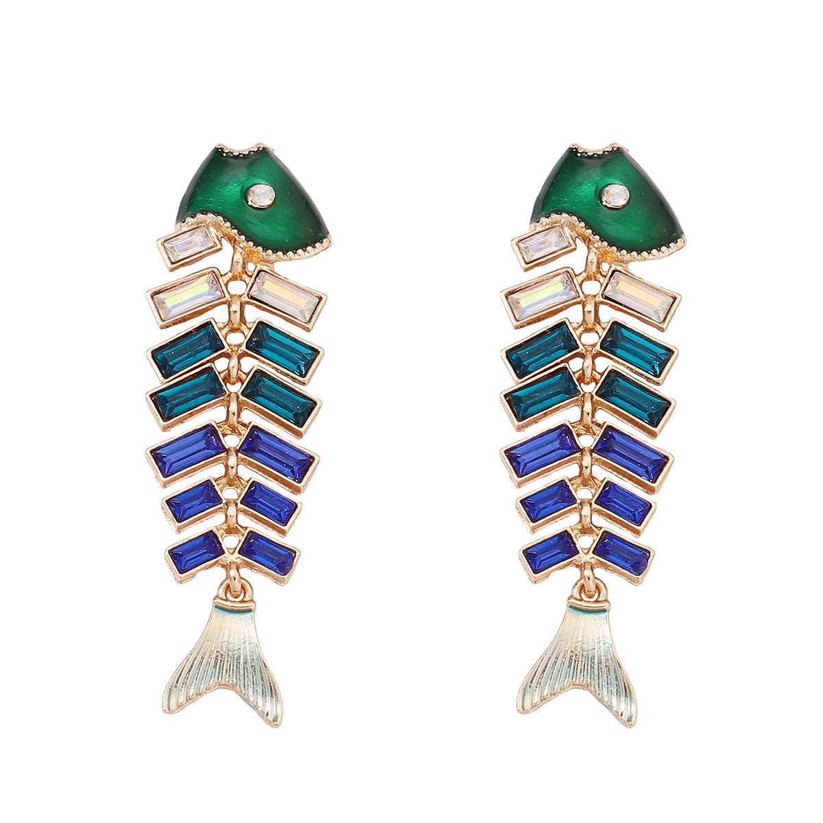Retro fishbone earrings zinc alloy rhinestone stitching animal earrings for women