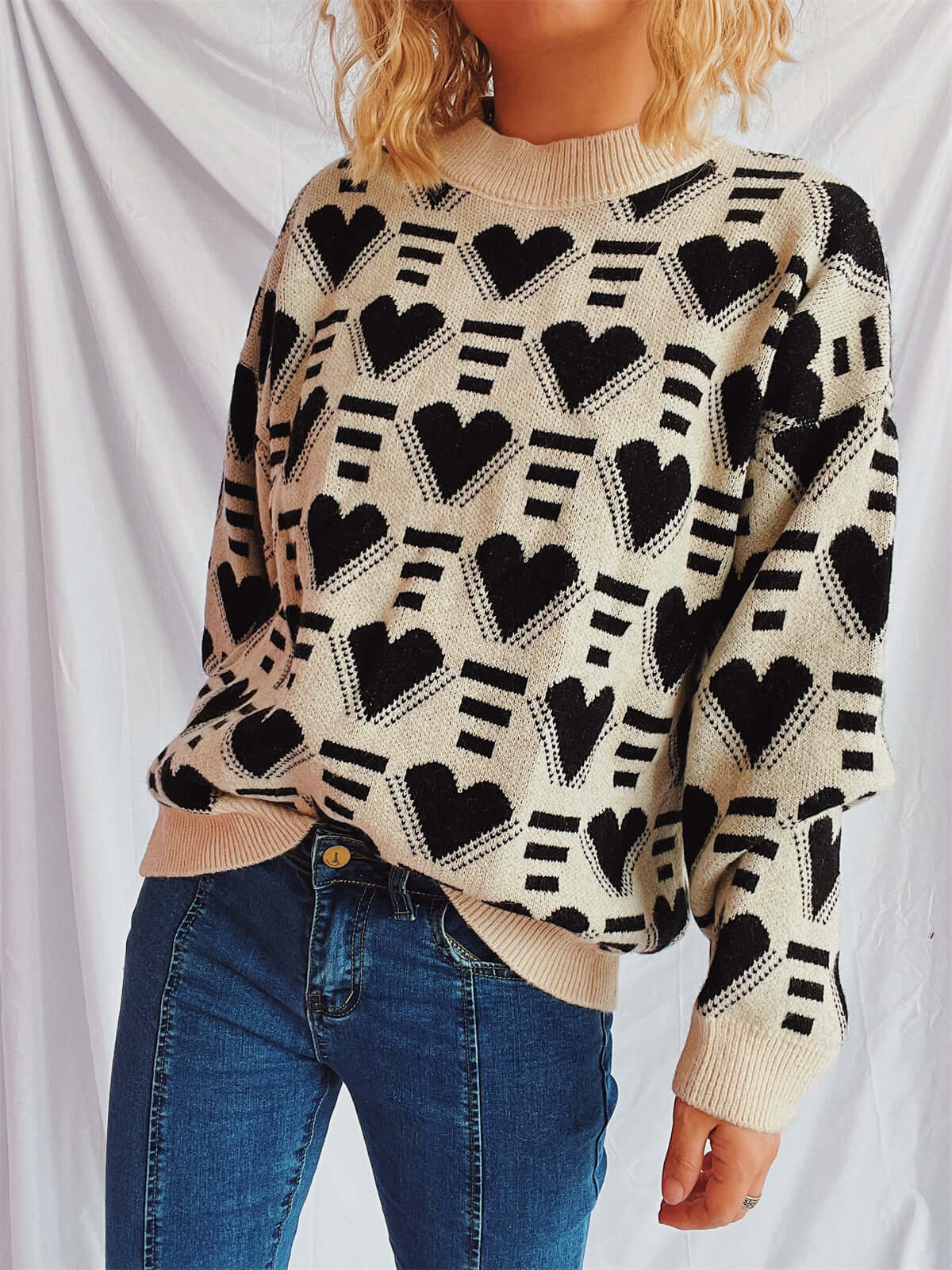 Heart Contrast Long Sleeve Dropped Shoulder Sweater