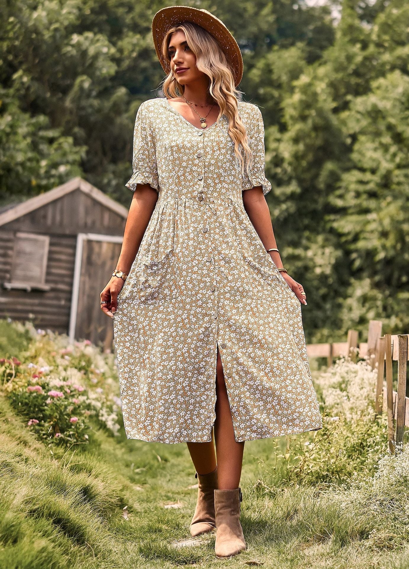 Vestido de mujer con temperamento estampado primavera/verano, falda acampanada 