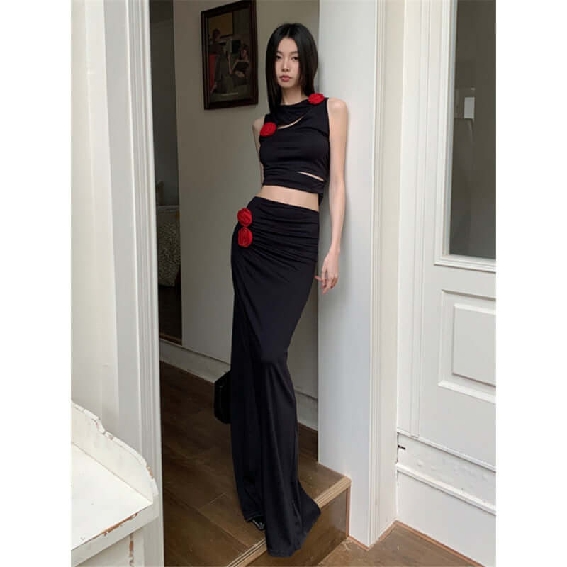 Black dress set women's irregular hollow vest+low waist long skirt two-piece set