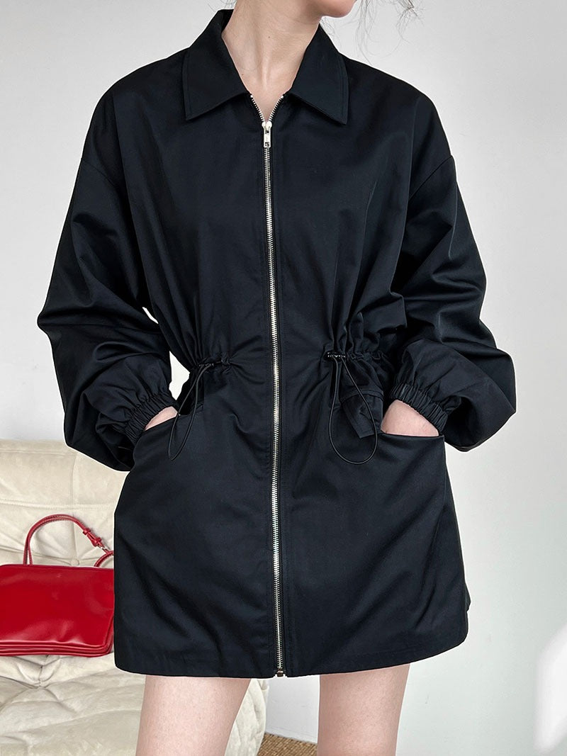 Drawstring waist length trench coat for women