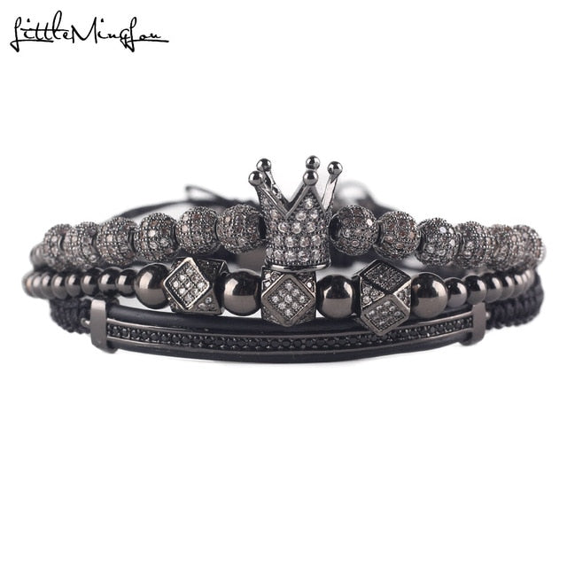 3pcs/set Luxury CZ polygon ball crown Charm copper bead Macrame handmade men Bracelets set bracelets & bangles for Men/Women