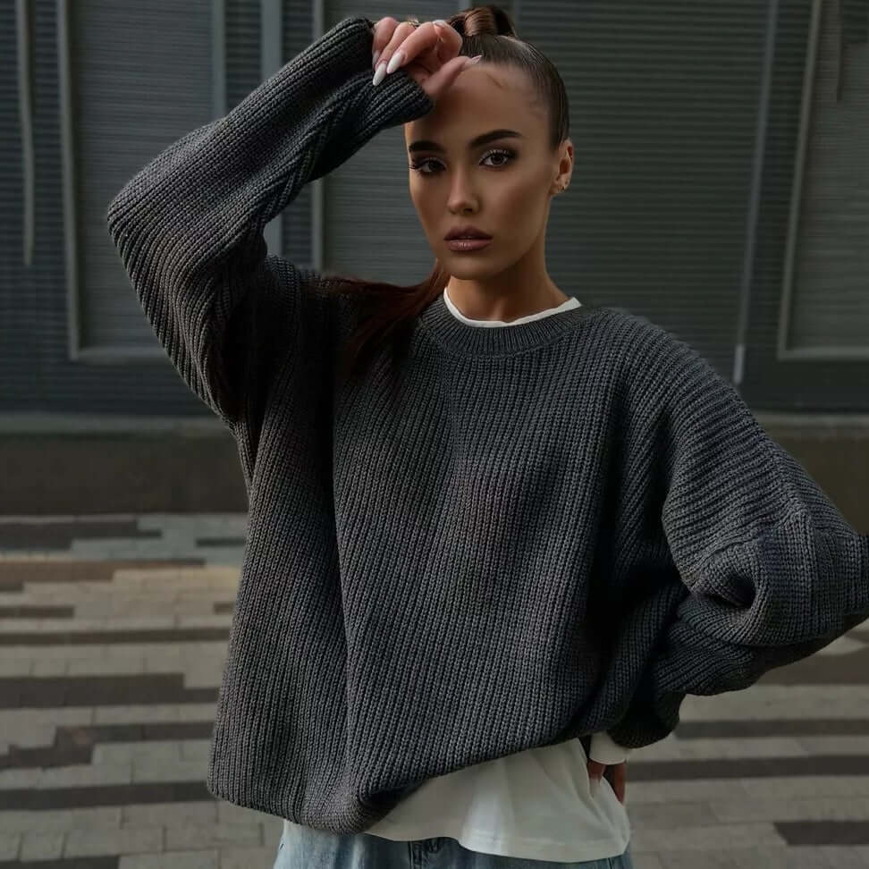 Solid color round neck sweater spring and autumn loose knit sweater