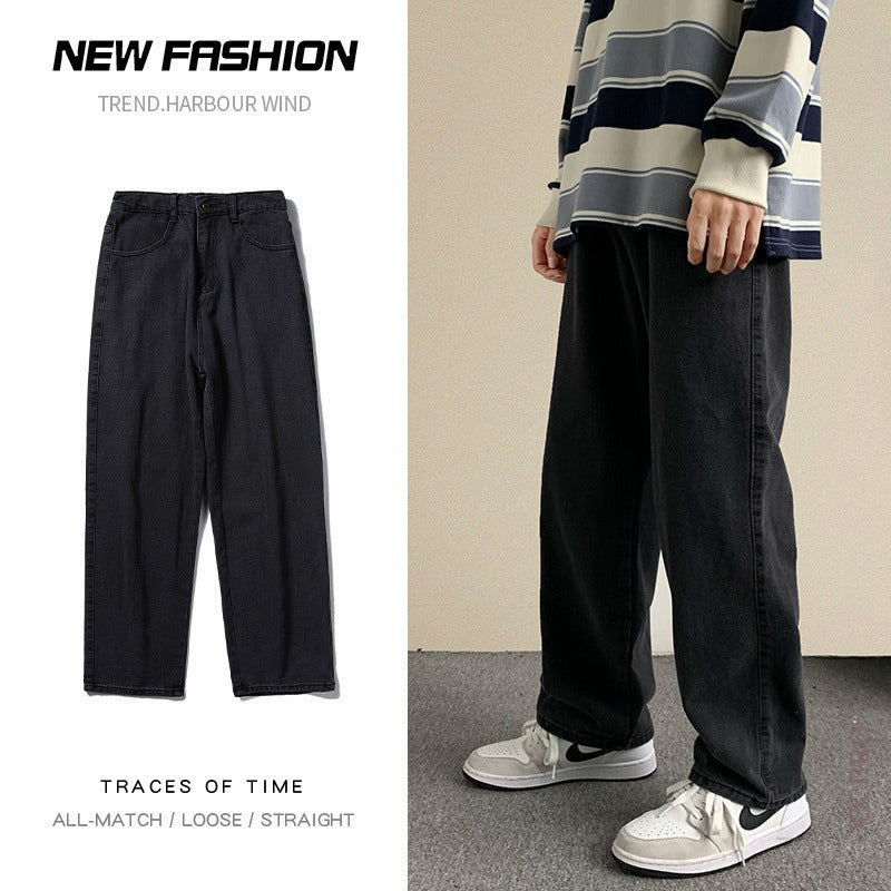 Men's straight loose trendy brand semi-elastic waist solid color jeans