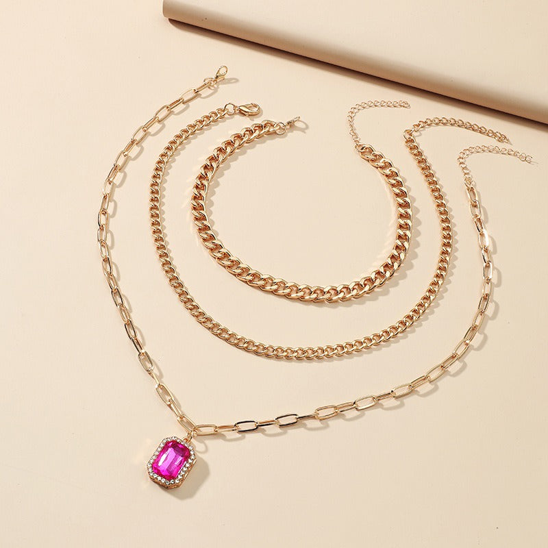 Diamond inlaid multi-layer necklace minimalist square pendant three piece set