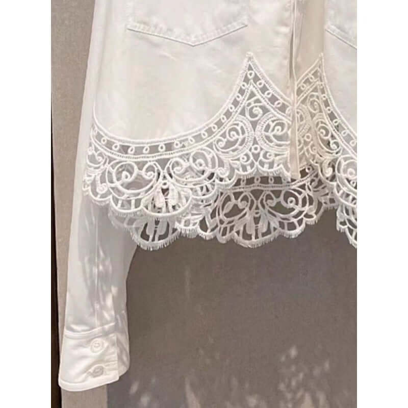 French lace patchwork top niche small long sleeved white shirt