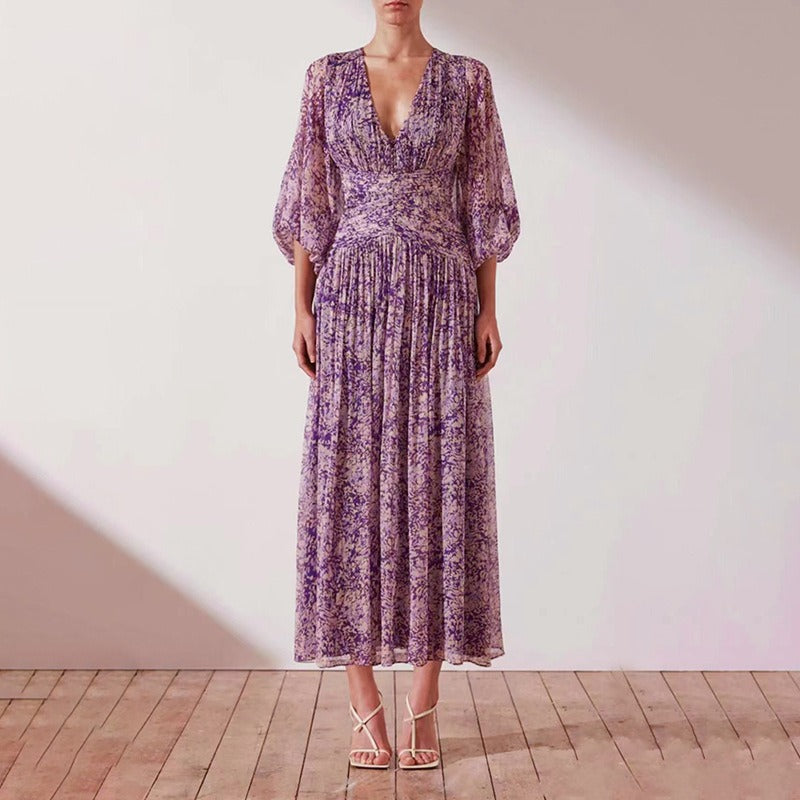 New V-neck Waist Fold Beach Long Dress Fashion Fold Temperament Purple Gentle Style Dress Women