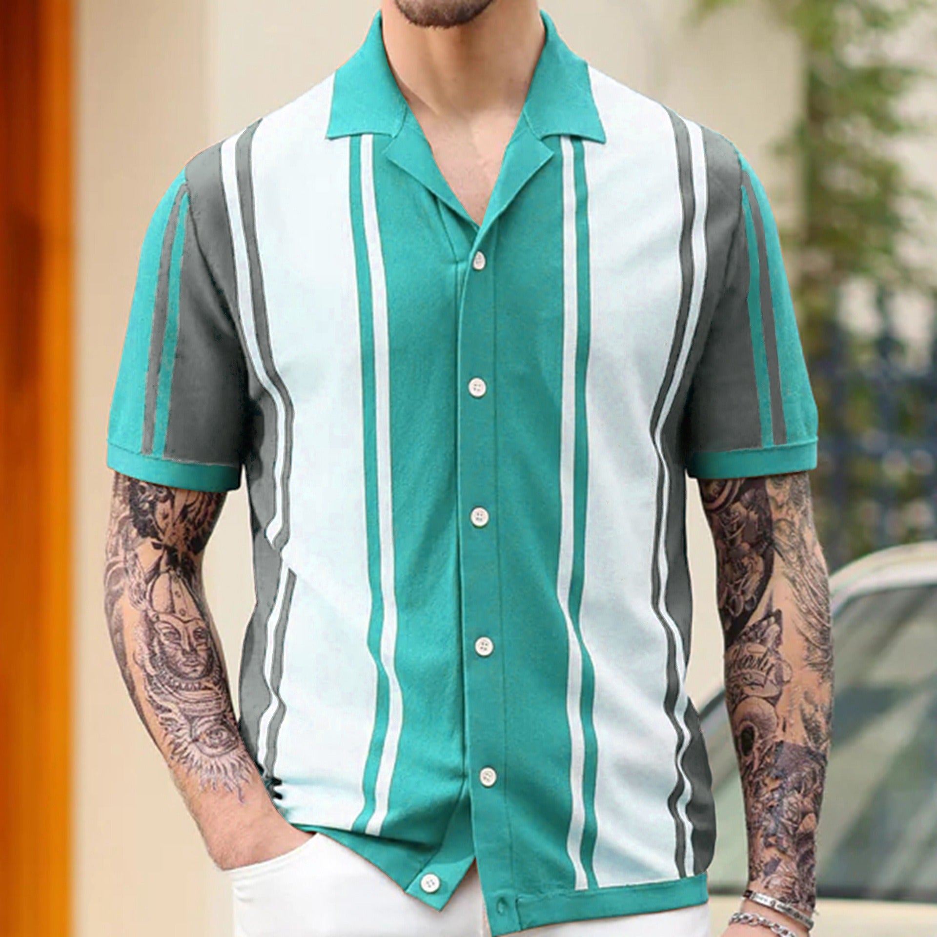 Summer patchwork contrasting knit shirt with lapel business polo shirt