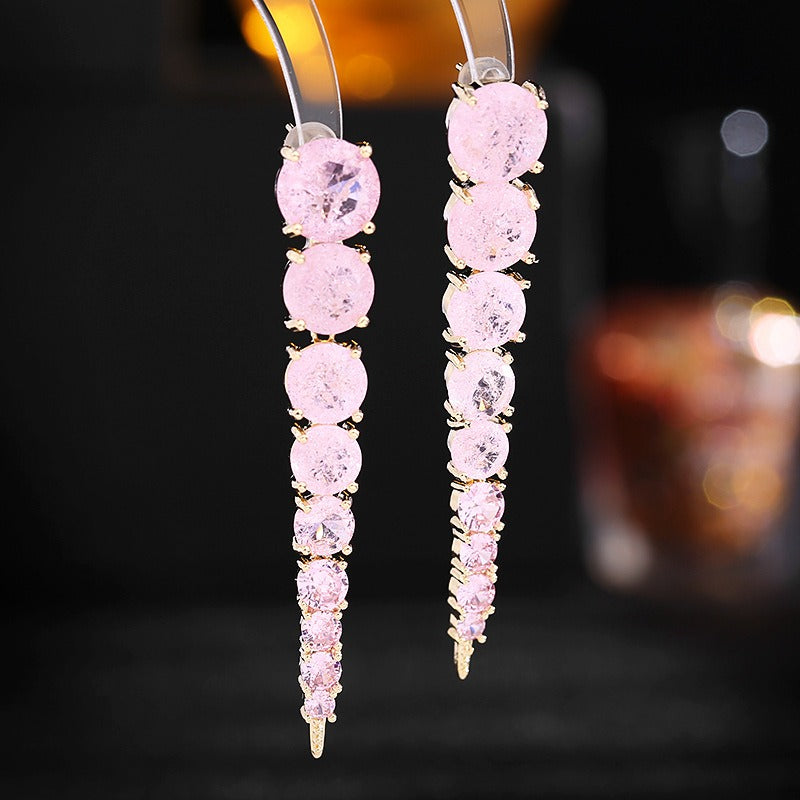 French haute couture earrings, women's long style, fashionable and light luxury style, ice cracked zircon ear