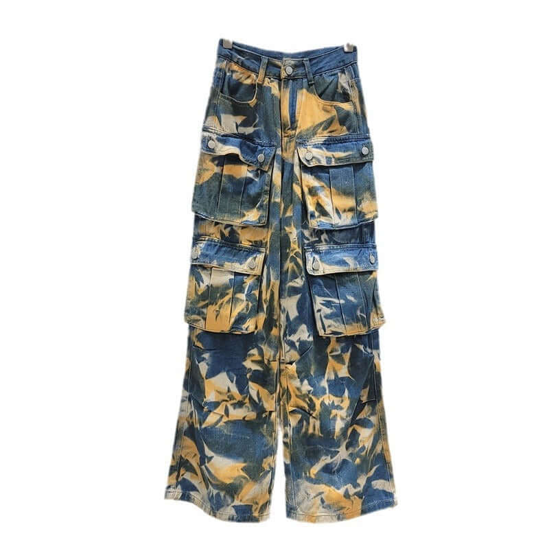 Retro street multi pocket camouflage work pants, long pants, straight leg mop jeans, wide leg pants