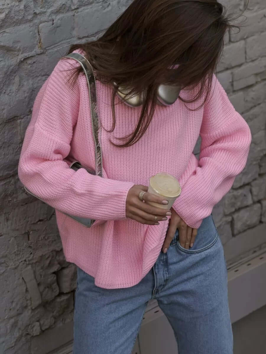 Solid color round neck sweater spring and autumn loose knit sweater