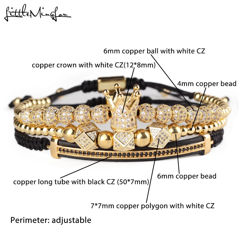 3pcs/set Luxury CZ polygon ball crown Charm copper bead Macrame handmade men Bracelets set bracelets & bangles for Men/Women