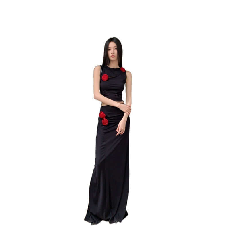 Black dress set women's irregular hollow vest+low waist long skirt two-piece set