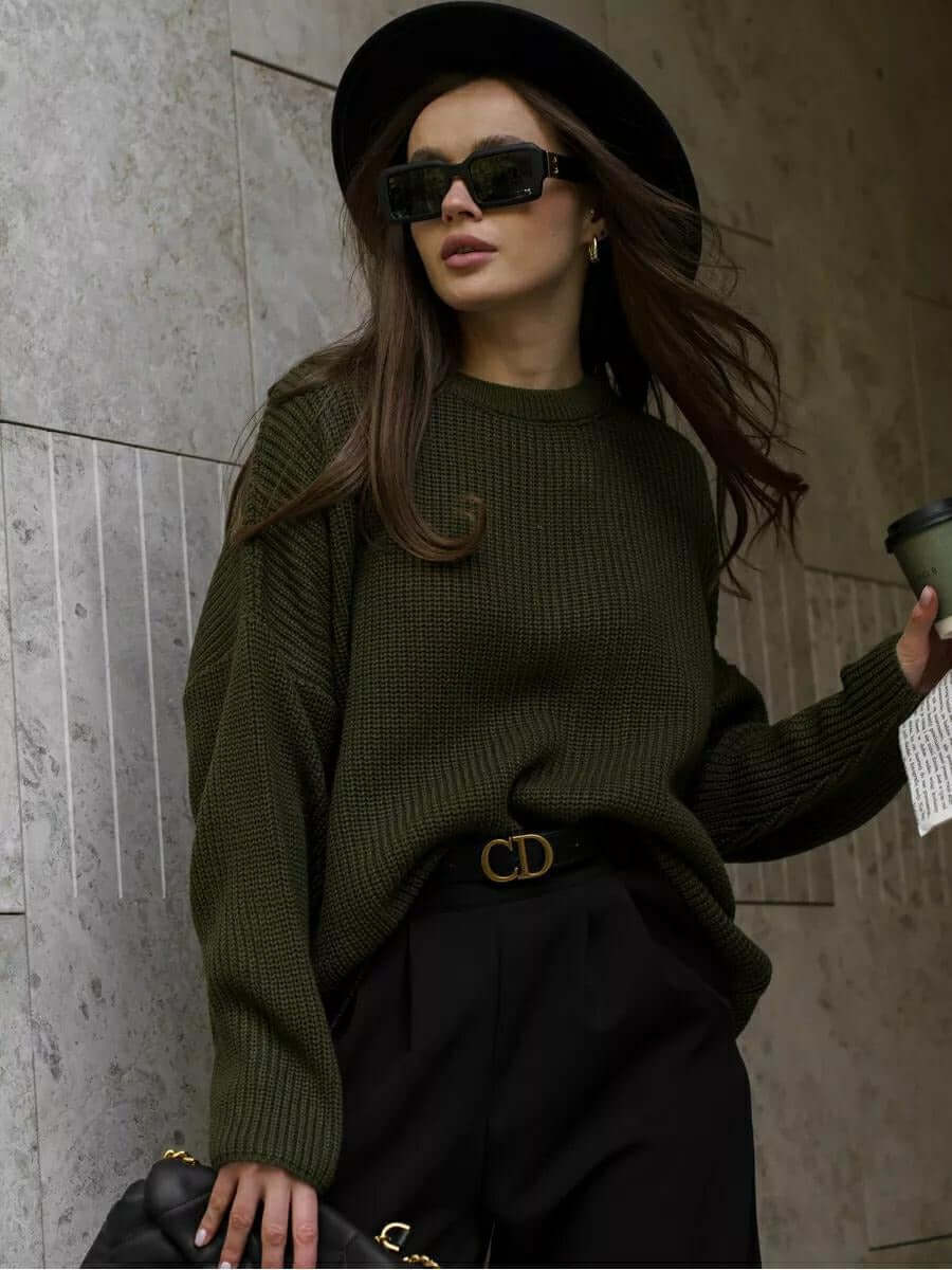 Solid color round neck sweater spring and autumn loose knit sweater