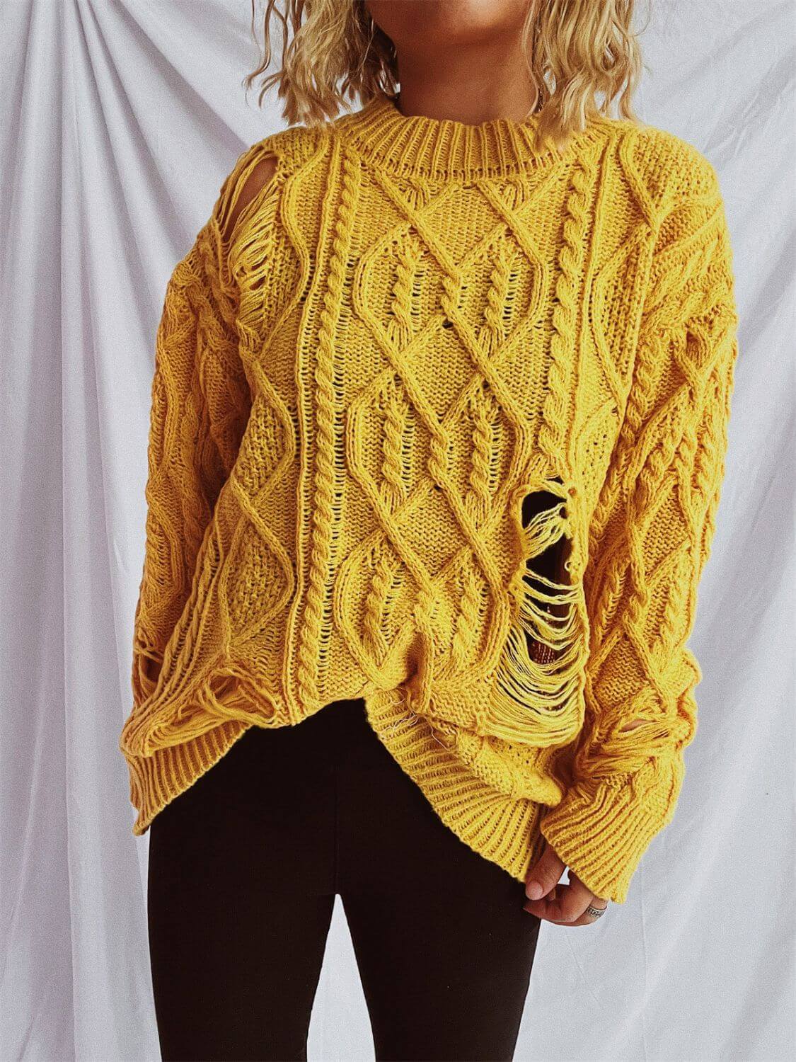 Distressed Cable-Knit Round Neck Long Sleeve Sweater