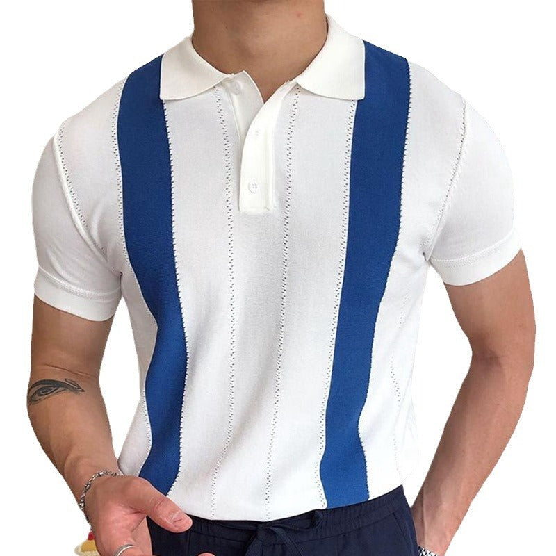 Jersey de punto de manga corta de verano con camisa POLO de negocios ajustada a rayas blancas