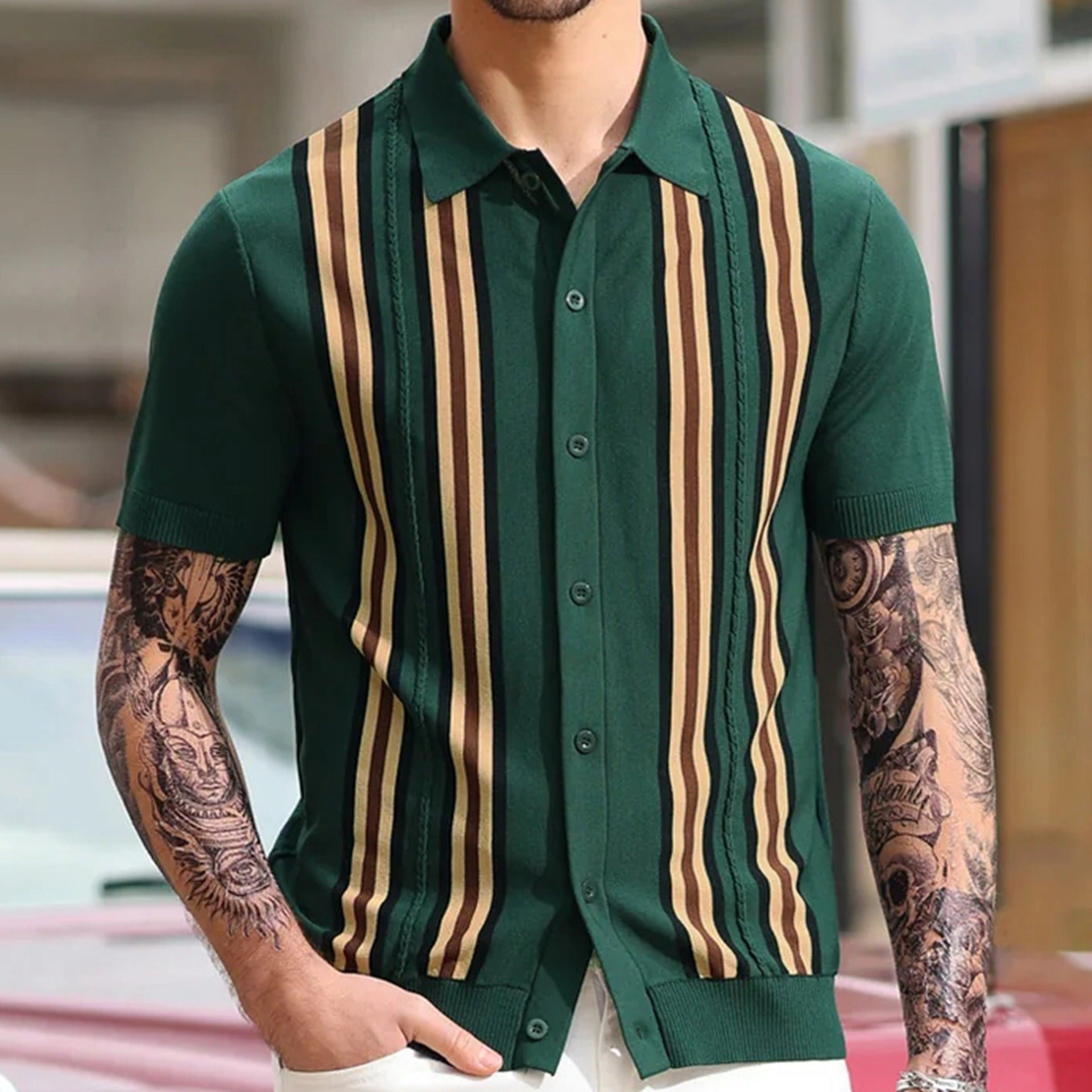 Summer green striped short sleeved slim fit business polo shirt knit sweater