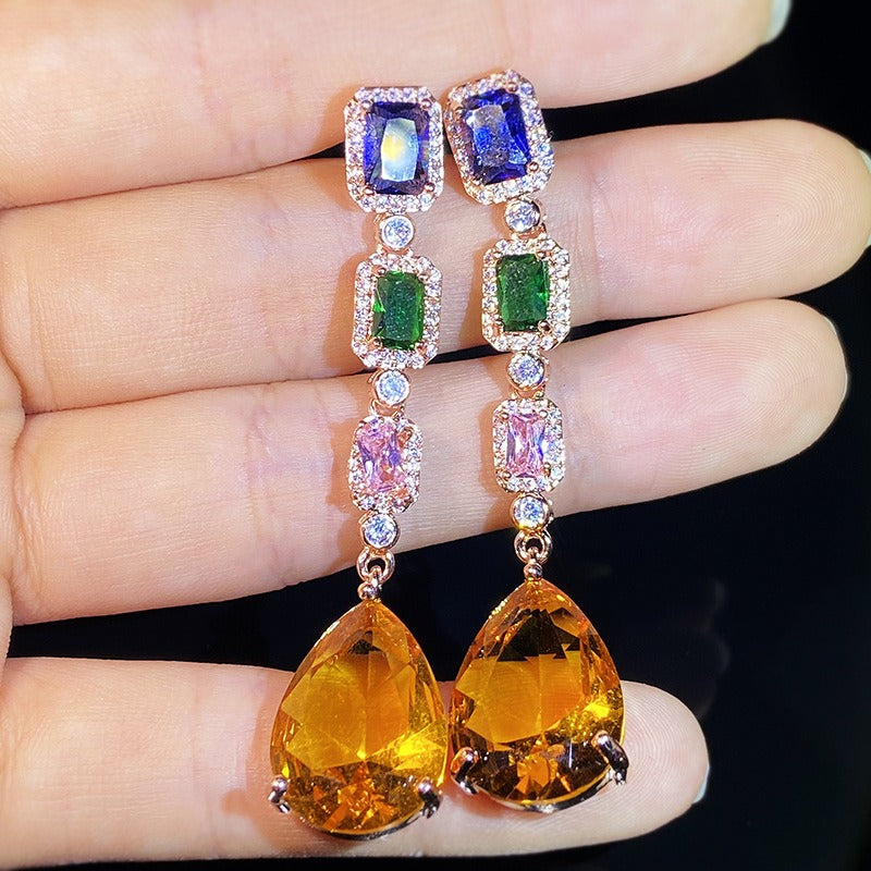 Colorful gemstone tassel earrings, retro heavy industry fan-shaped street photography, fashionable dinner style earrings