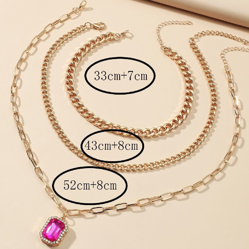 Diamond inlaid multi-layer necklace minimalist square pendant three piece set