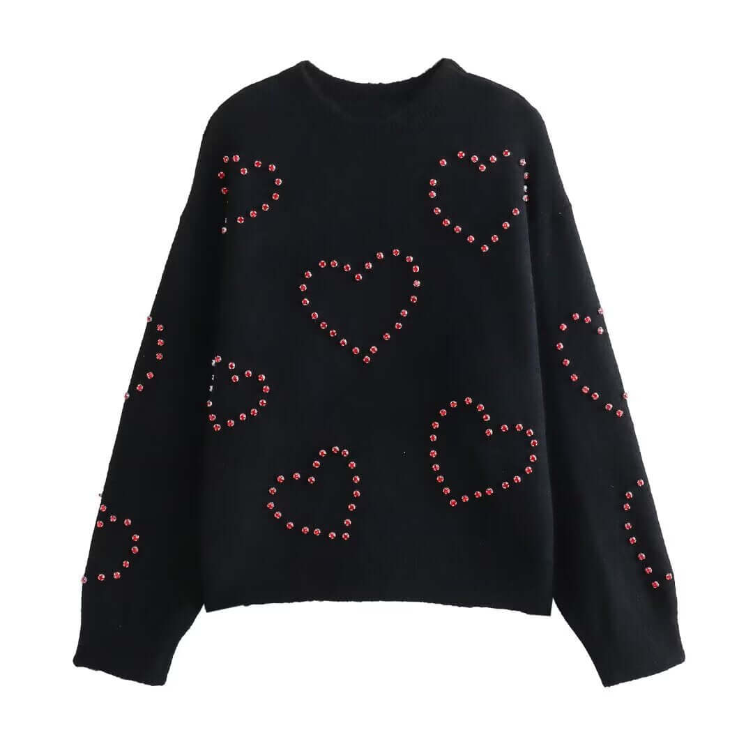 Fashionable semi high neck long sleeved nail drill black knit sweater