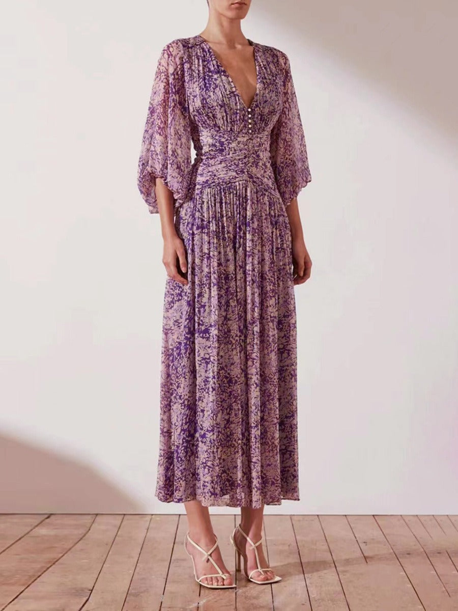 New V-neck Waist Fold Beach Long Dress Fashion Fold Temperament Purple Gentle Style Dress Women