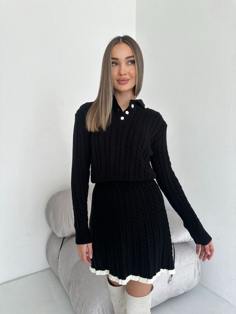 New European and American casual skirt set long sleeved knitted button sweater short skirt two-piece set for women