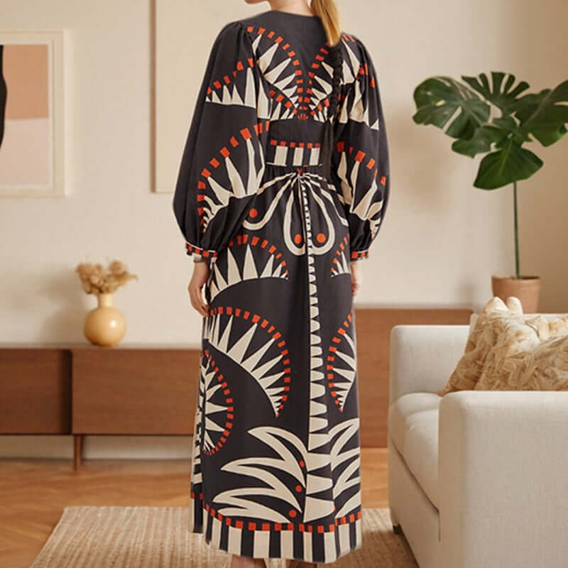 Autumn long dress with classical style print and fashionable temperament, V-neck lantern sleeve dress