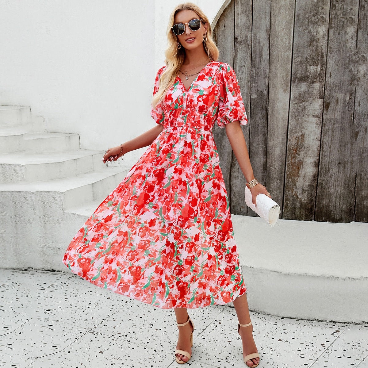 Vestido largo con cuello en V ceñido y cintura estampada informal para vacaciones de verano para mujeres europeas y americanas 