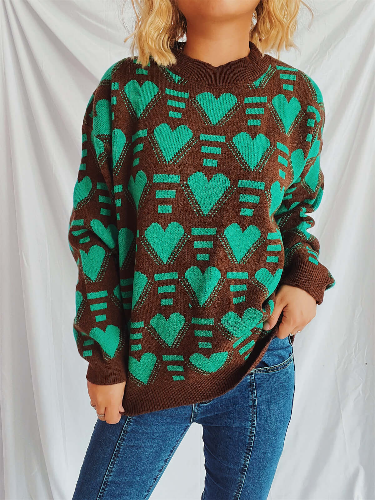 Heart Contrast Long Sleeve Dropped Shoulder Sweater