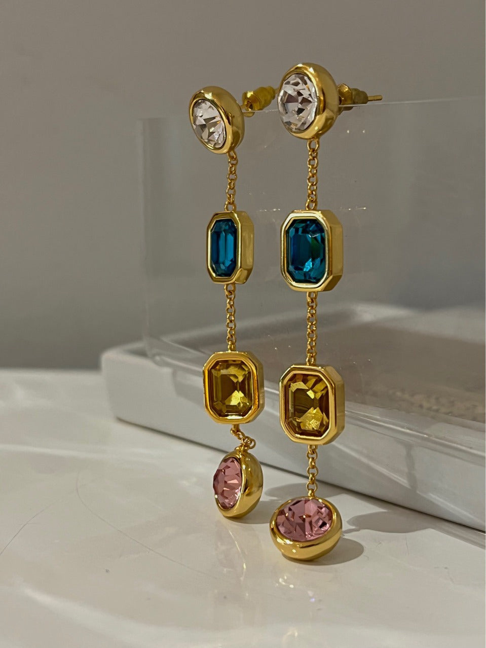 Temperament Heavy Industry Colorful Square Hao Shi Long Earrings Noble and Elegant Face Modifying Earrings